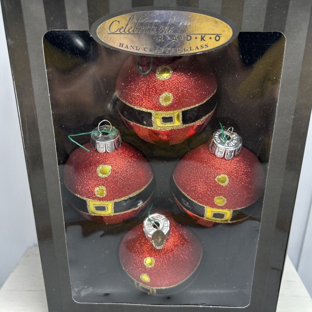 2011 Celebrations by Radko Santa Suit Glass Ornaments Set of 4 Christmas Box